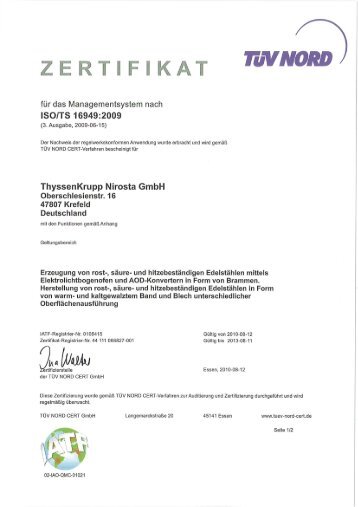 Zertifikat ISO/TS 16949 (PDF - 317 KB) - ThyssenKrupp Nirosta