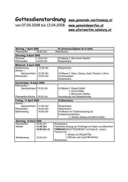 Gottesdienstordnung www.gemeinde-werfenweng.at