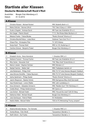 Startliste aller Klassen - Deutsche Meisterschaft Rock'n'Roll