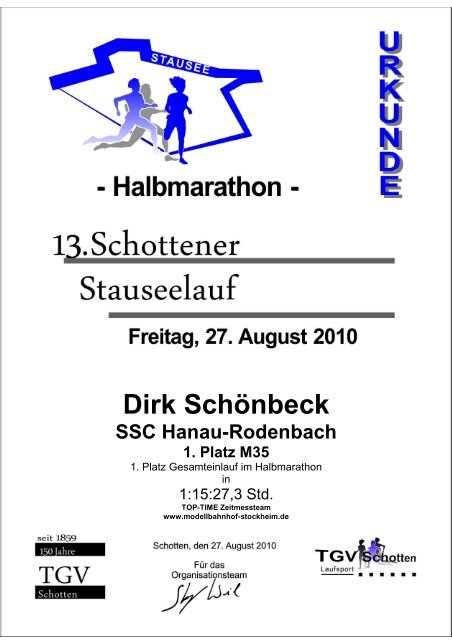 Urkunde Halbmarathon-Stausee2010 - Top-Time