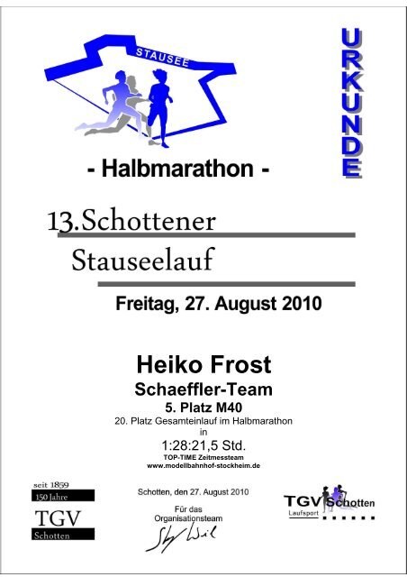 Urkunde Halbmarathon-Stausee2010 - Top-Time