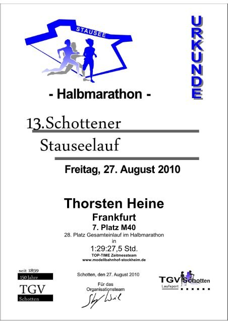 Urkunde Halbmarathon-Stausee2010 - Top-Time