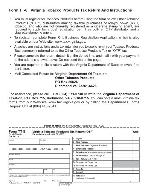 tobacco tax virginia Form TT-8 Virginia Tobacco Products Tax Return And Instructions