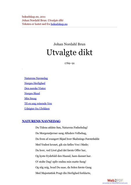 bokselskap.no, 2011 Johan Nordahl Brun: Utvalgte dikt