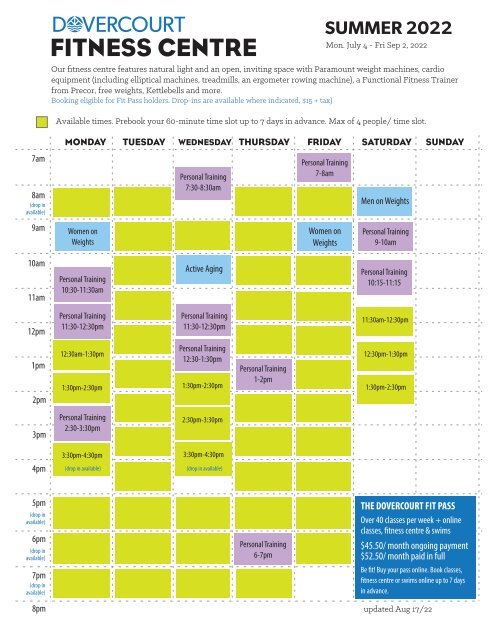 Dovercourt FITNESS CENTRE schedule - Summer 2022