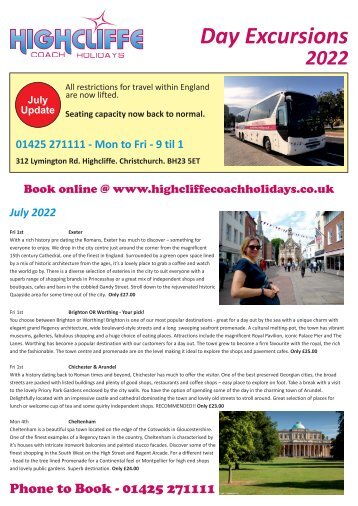 Highcliffe Coach Holidays - Day Excursions - July 2022