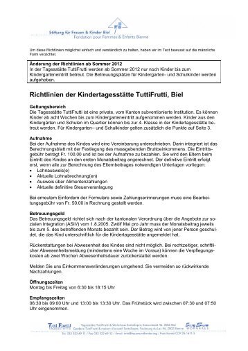 Richtlinien der Kindertagesstätte TuttiFrutti, Biel - Stiftung Frauen ...