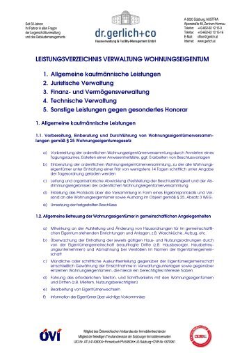 LEISTUNGSVERZEICHNIS VERWALTUNG WOHNUNGSEIGENTUM