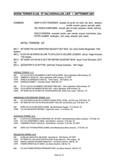 RESULTATER TERRIER SPESIAL 1.SEPT. 2007 - Norsk Terrier Klub