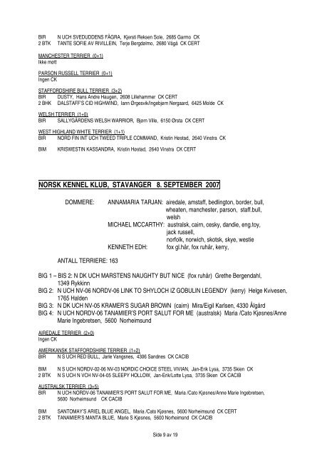 RESULTATER TERRIER SPESIAL 1.SEPT. 2007 - Norsk Terrier Klub