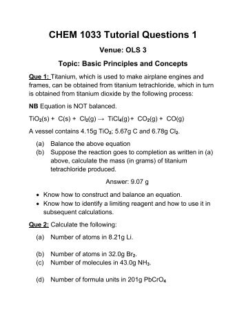 CHEM 1033 Tutorial Questions 1 Venue: OLS 3 Topic