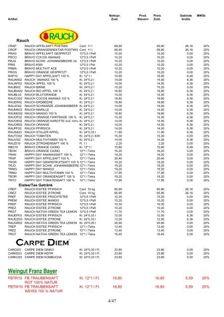 Nettopr. Prod. Preis Gebinde MWSt. Artikel Zust ... - Getränke Bayer