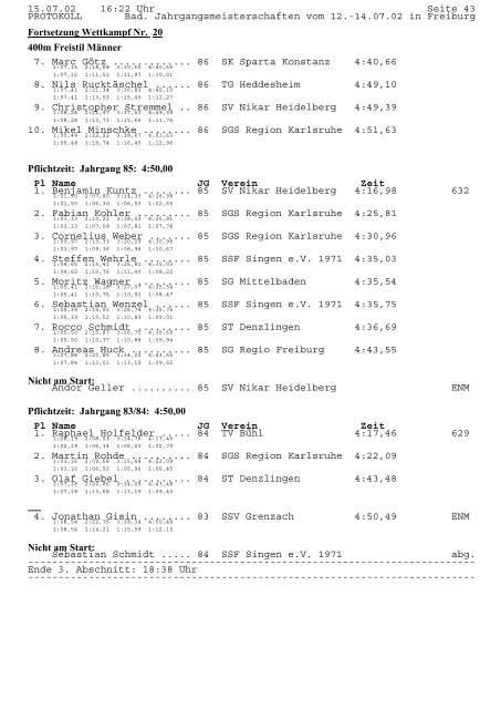 Protokoll Badische Jahrgangsmeisterschaften 2002 - SSV Freiburg