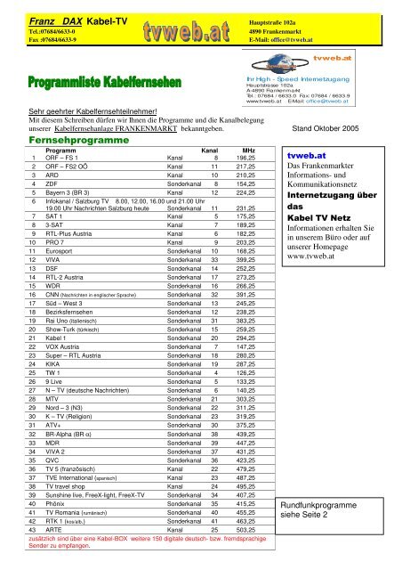 Franz DAX Kabel-TV Fernsehprogramme
