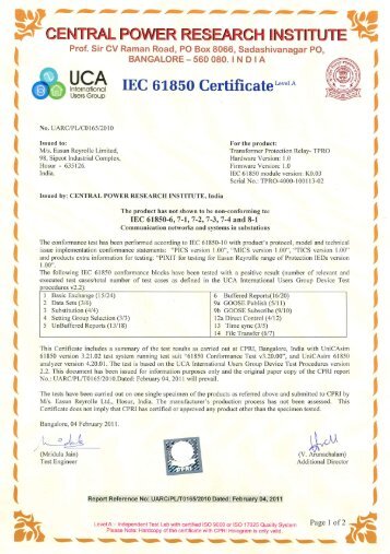 T-PRO IEC 61850 Certificate - ERLPhase Power Technologies Ltd.