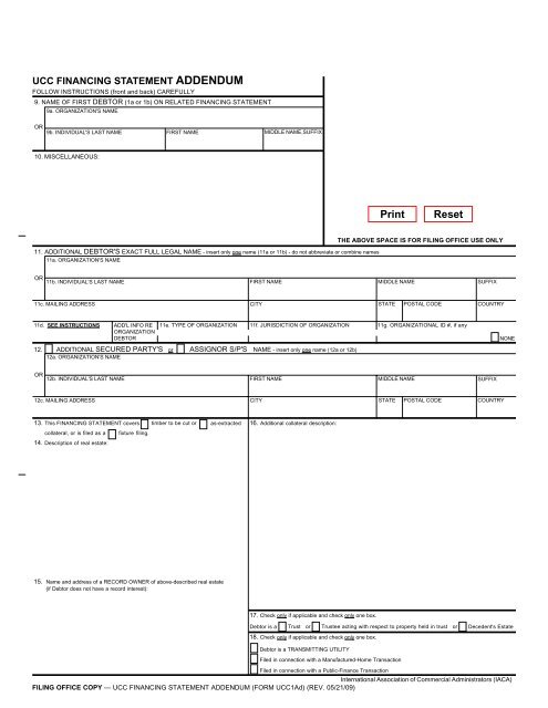 UCC Financing Statement Addendum (Form UCC1Ad)