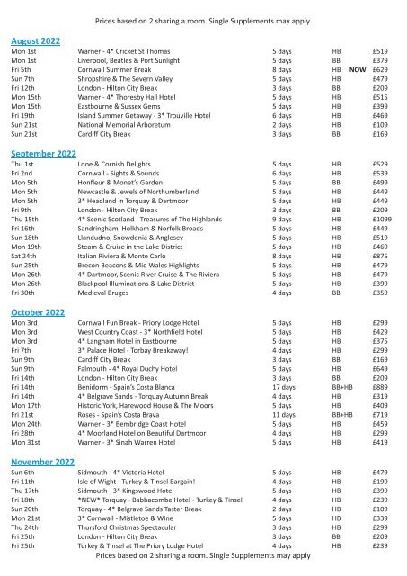 Highcliffe Coach Holidays - 2022 - August Update