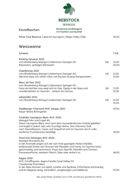 Weinkarte - Restaurant und Metzgerei Rebstock Seengen