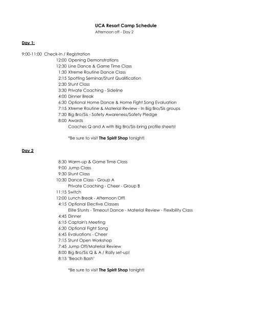 UCA Resort Camp Schedule
