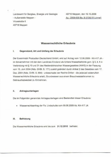 Sonderbetriebsplan: Bohrplatz Wasserrechtliche Erlaubnis