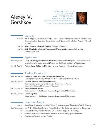 Alexey V. Gorshkov - People.fas.harvard.edu - Harvard University