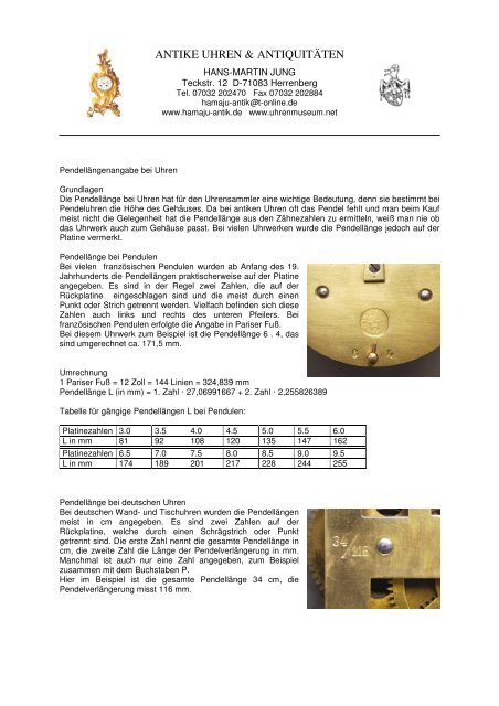 Pendellängenangabe bei Uhren pdf - Antike Uhren &amp; Antiquitäten