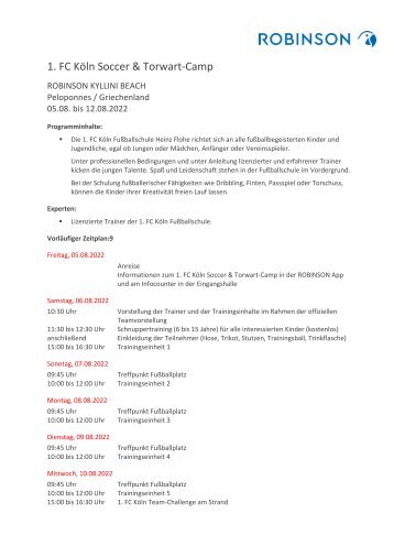 Programmdetails 1. FC Köln Soccer & Torwart Camp