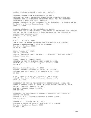 Dudley Holdings Arranged by Main Entry 12/23 - Dudley Observatory