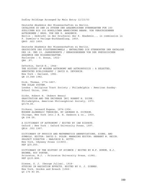 Dudley Holdings Arranged by Main Entry 12/23 - Dudley Observatory