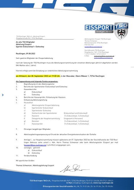 TSG Eissportabteilung Einladung Mitgliederversammlung 2022