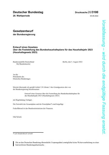 Entwurf Bundeshaushalt 2023 (Einzelplan 14)