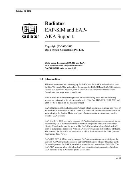 Radiator EAP-SIM and EAP-AKA Support