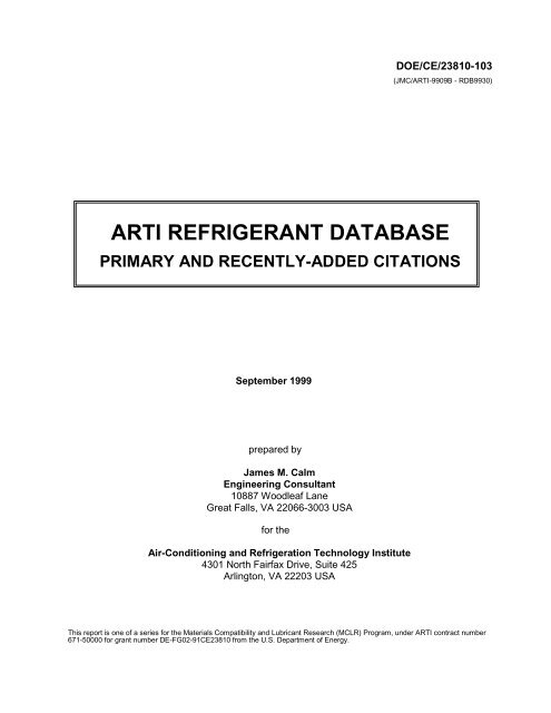Arti Refrigerant Database Primary And Recently Added Ahri
