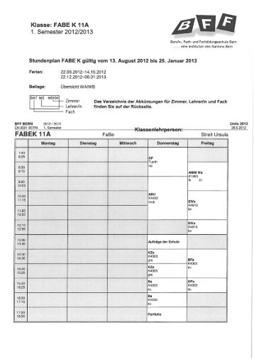 Stundenplan FaBe K 11, 1. Semester, 2012/13 - BFF Bern