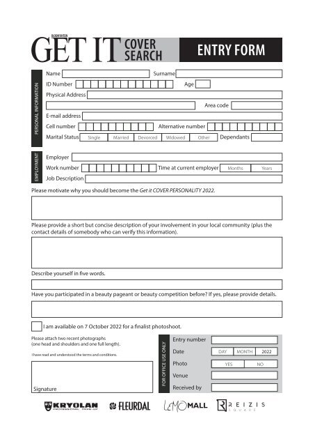 Get it Bloem - COVER SEARCH 2022 ENTRY FORM