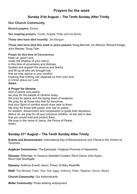 St Mary Redcliffe Church Prayers for the Week 2022 08 21