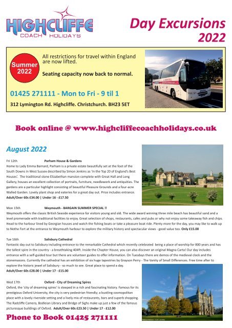 Highcliffe Coach Holidays - Latest Day Excursions 2022