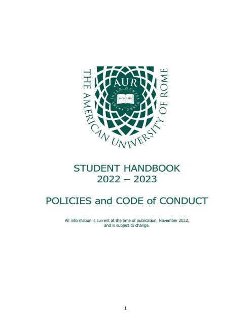 AUR'S STUDENT HANDBOOK AND INSTITUTIONAL POLICIES 2022-2023