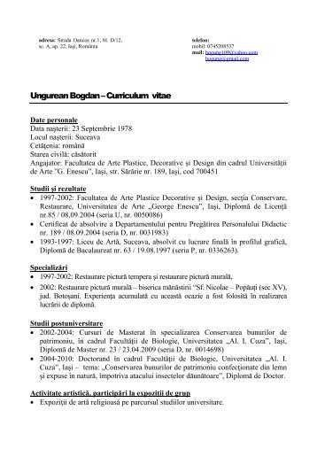 Ungurean Bogdan – Curriculum vitae - Universitatea de Arte