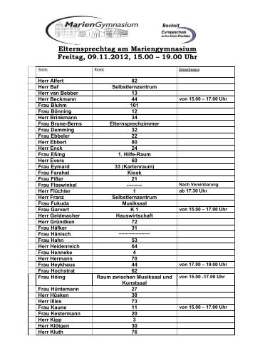 Elternsprechtag am Mariengymnasium Freitag, 09.11.2012, 15.00