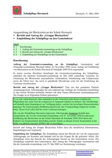 Bericht und Antrag der „Gruppe Blockzeiten“ - Gemeinde Herznach