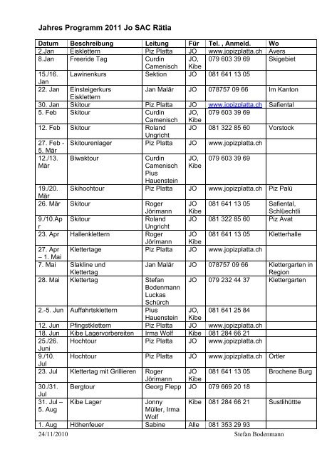 Jahres Programm Jo SAC Rätia - SAC Sektion Rätia