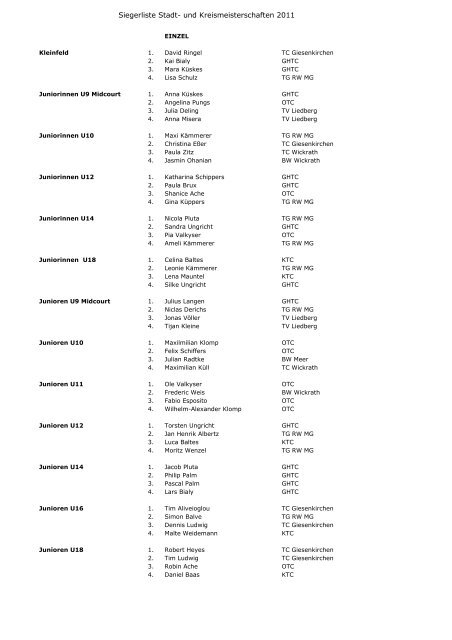 Siegerliste Stadt- und Kreismeisterschaften 2011 - Korschenbroicher