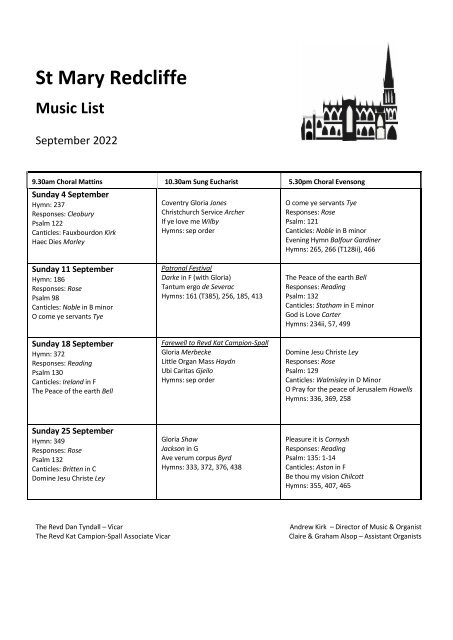 St Mary Redcliffe Church Music List September 2022