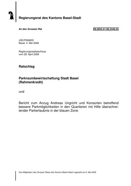 Ratschlag Parkraumbewirtschaftung Stadt Basel - Bau- und ...