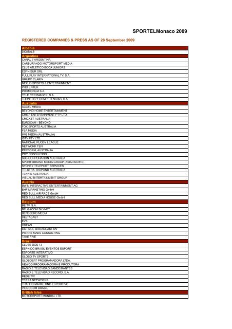 REGISTERED COMPANIES &amp; PRESS AS OF 28 September - Sportel