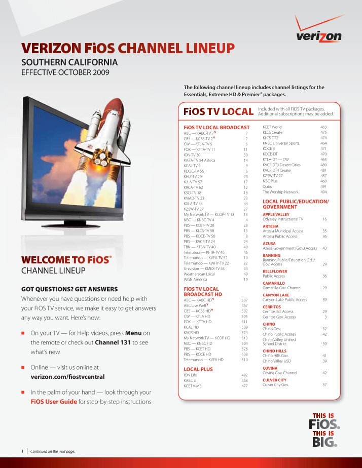 VERIZON FiOS CHANNEL LINEUP
