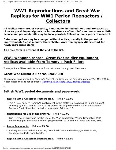 WW1 weapons repros, Great War militaria equipment replica