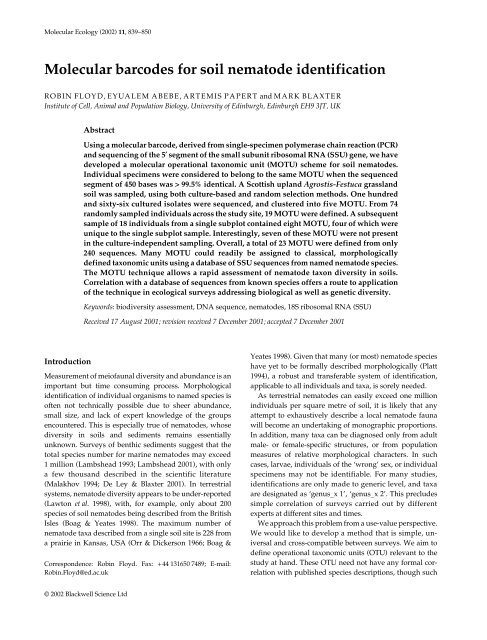 Molecular barcodes for soil nematode identification - Bolinfonet.org