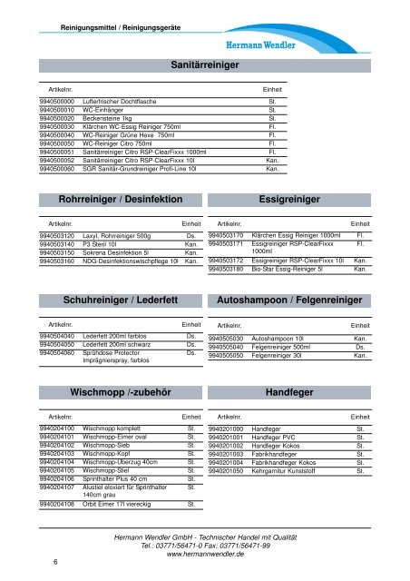 Reinigungsbedarf inkl. Hautschutz - Hermann Wendler GmbH